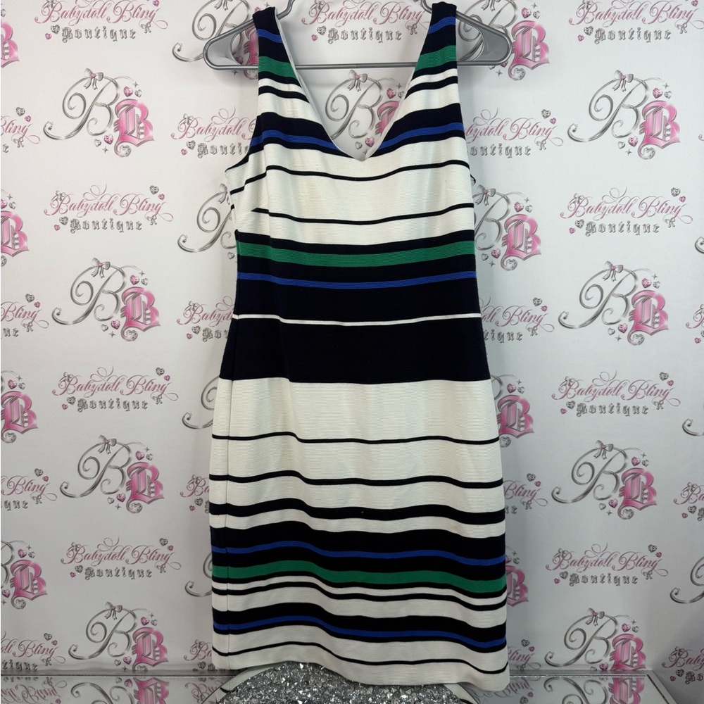 Frank Lyman Dress stripes Vneck Design Striped Dress in Black, Green, and Blue